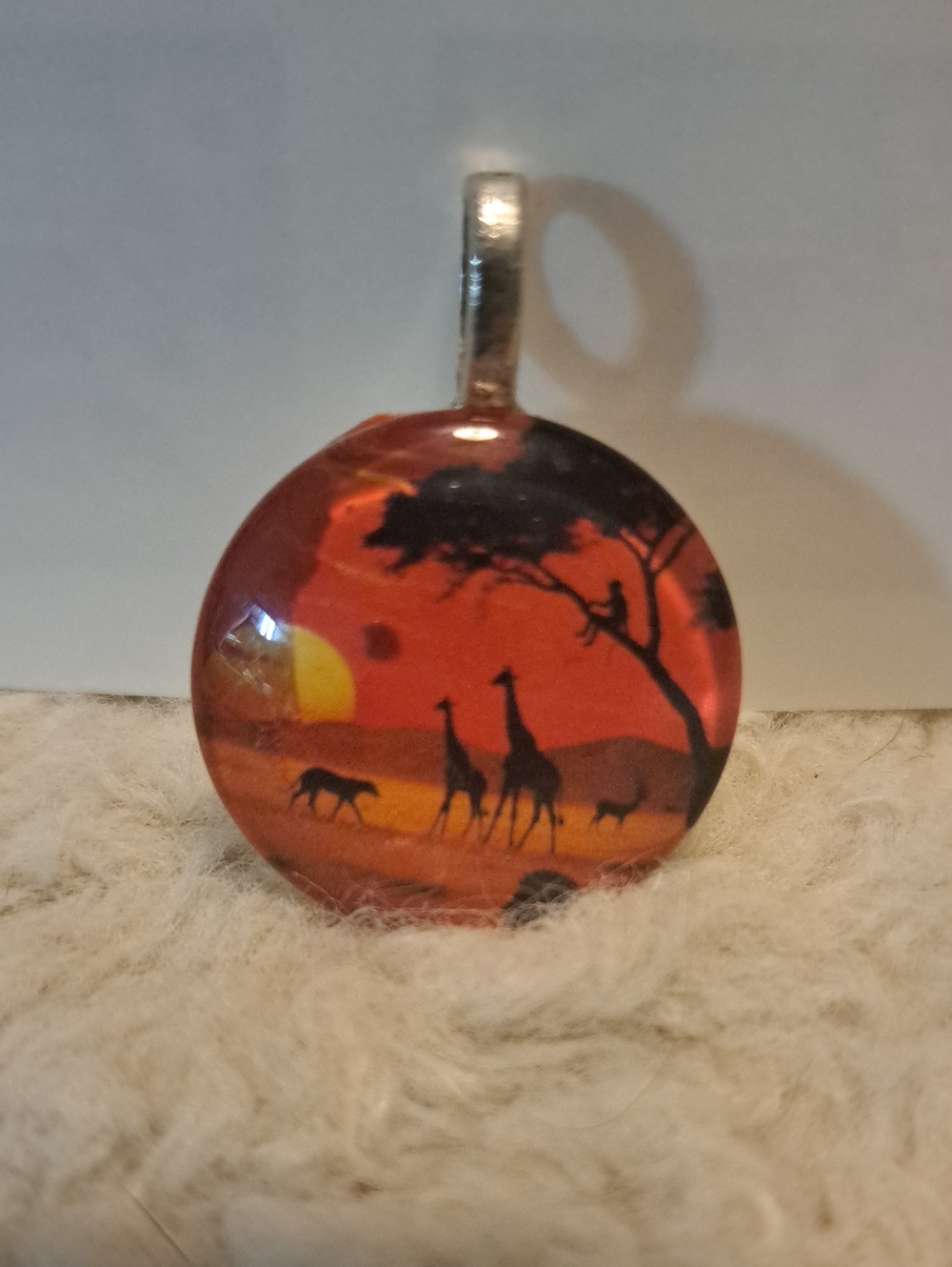 Hand Crafted Sunset Safari Glass Tile Dome Pendant - Orange Wildlife Art
